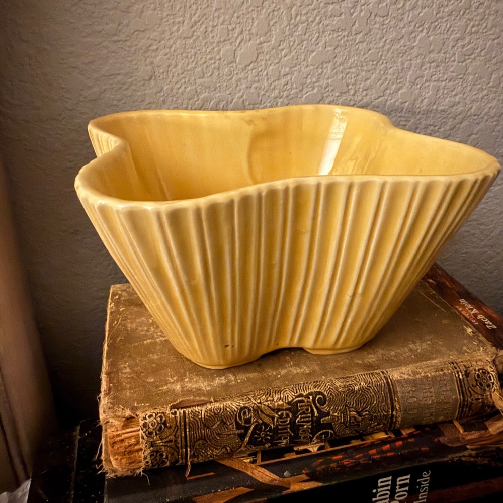 Vintage Yellow Ceramic Ribbed Planter Bowl USA 3065 Wavy Rim Mid Century Modern